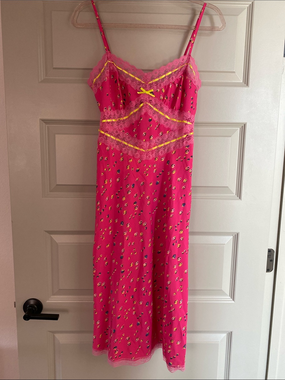 NWT Betsey Johnson Hot Pink Slip Dress with Yellow Trim